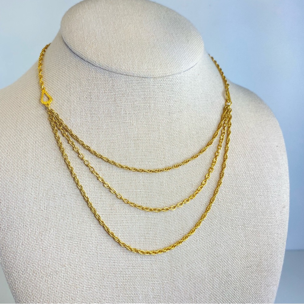 Vintage Necklace Gold Tone Triple Strand Rope Chain‎ Layered Teardrop MidCentury